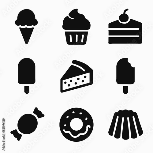 Assorted dessert icons: ice cream, cupcake, cake, popsicle, pie, doughnut, candy, jelly