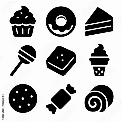Assorted dessert icons: cupcake, donut, cake, lollipop, ice cream, cookie, candy, swiss roll