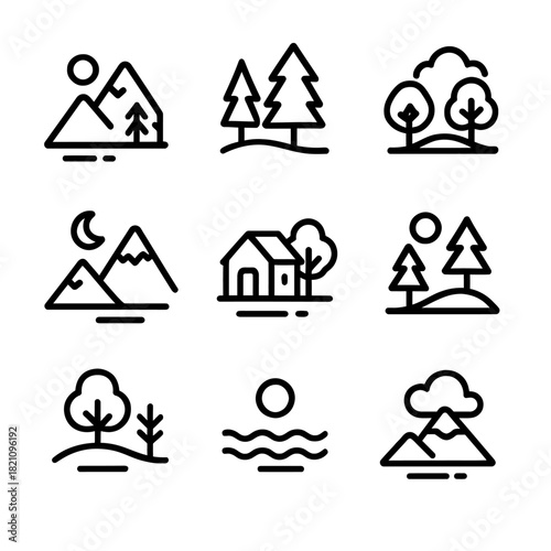 Simple nature icons set featuring mountains trees lakes and houses