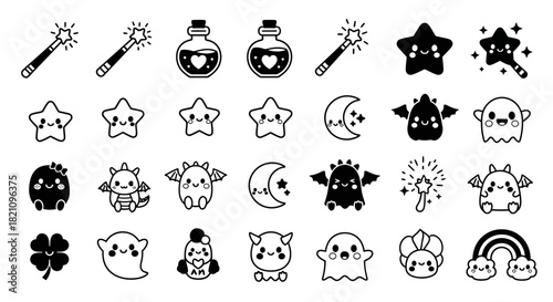 Cute kawaii halloween vector icons featuring ghosts stars moons and magic wands
