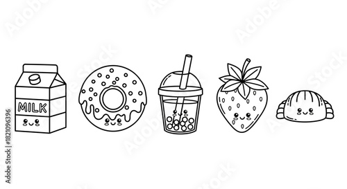 Cute cartoon food icons featuring milk donut boba tea strawberry and croissant