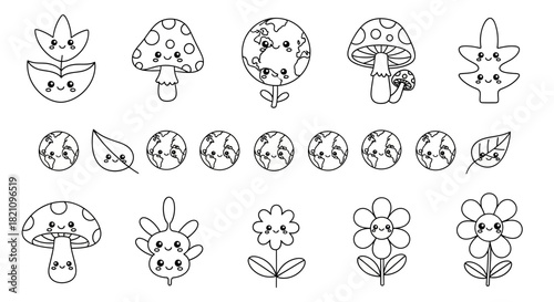 Cute earth globes mushrooms leaves and flowers in a kawaii style coloring page