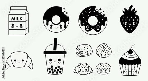 Cute cartoon dessert icons featuring milk donuts boba tea and pastries in black lines