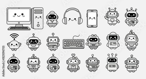 Cute robots and technology icons arranged in a pattern on a light background