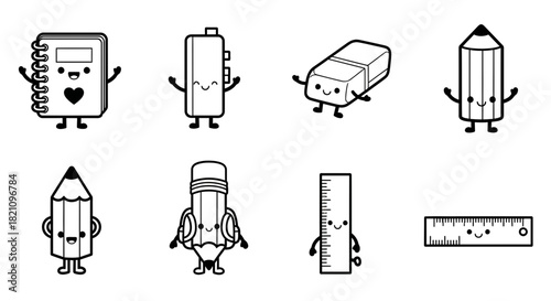 Cute cartoon school supplies including a notebook pencil eraser and ruler icons
