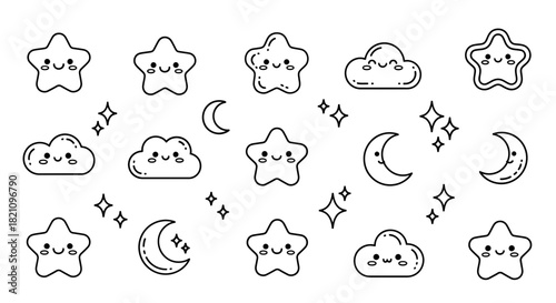 Seamless pattern features cute stars clouds and moons perfect for children's designs