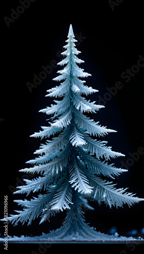 Frozen fir tree covered in icy frost on black