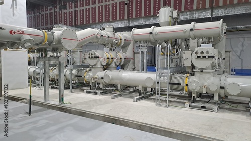 gas insulated switchgear (gis) substation interior with high-voltage components