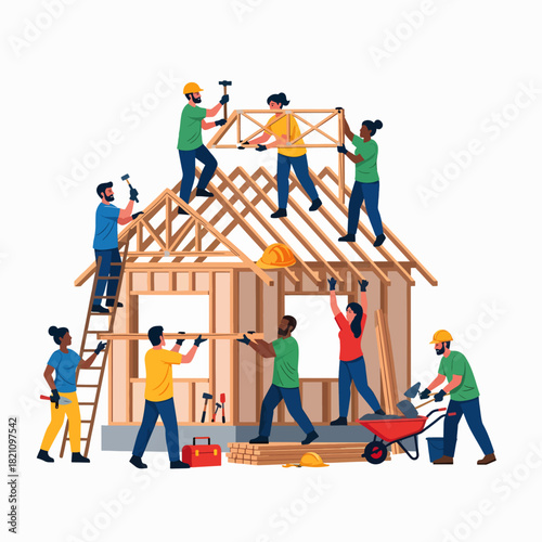 Diverse construction crew working together to build a new house frame on a sunny day