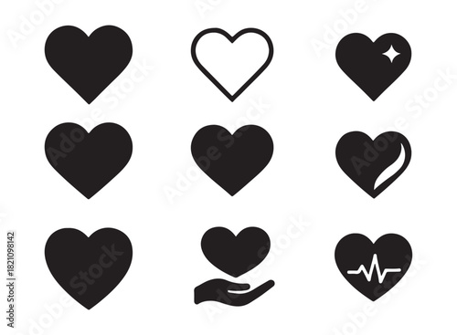Collection of nine diverse heart icons in black and white