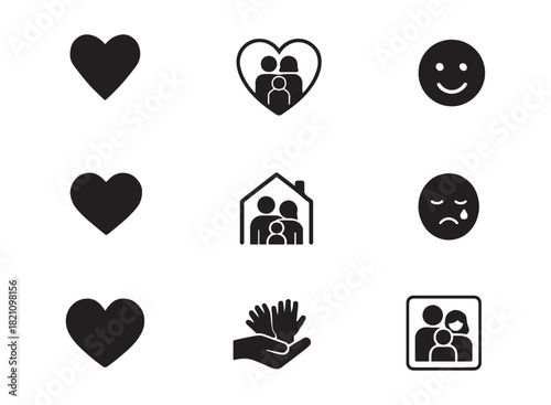 Collection of simple black icons representing love family and emotions