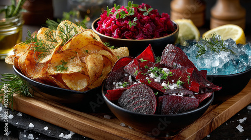 Crisp crunchy organic vegetable chips with fried or oven-baked potato and beetroot chips served as a finger food snack on a wooden chopping board with sea salt and copyspace