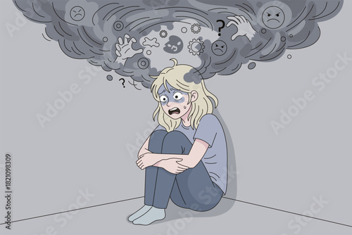 Sad woman sitting in corner under dark cloud of fears and thoughts. Anxiety, social pressure, burnout, and mental health concept illustration.