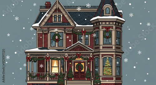 Victorian home decked with holiday wreaths and garlands, Christmas trees glow warmly inside, whimsical snow falling creates a vintage Christmas mood