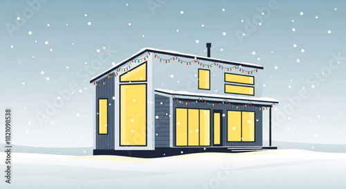 Charming modern home warmly decorated with festive lights amidst a gentle snowfall, creating a cozy and inviting winter scene, perfect for holiday greetings