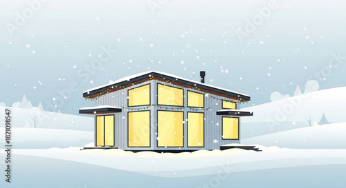 Charming winter home glowing with holiday cheer, perfect for Christmas cards, vacation rentals, or cozy seasonal designs; a snowy vector illustration
