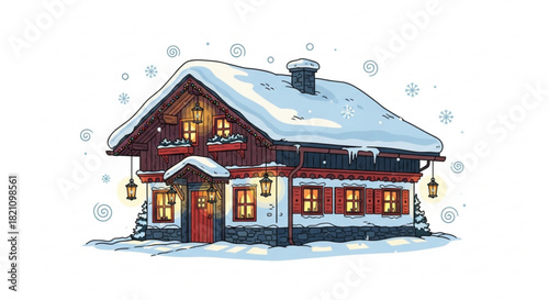 Charming snow covered cottage, a cozy winter retreat with festive holiday lights, evokes feelings of warmth, comfort and a magical Christmas atmosphere