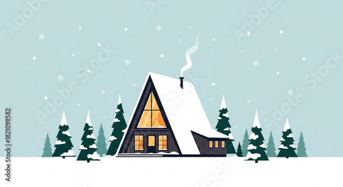 Cozy A-Frame Cabin Nestled Among Snow-Covered Pine Trees, Perfect Winter Getaway, Holiday Season, Serene Escape, Peace and Quiet, Vector Style Illustration
