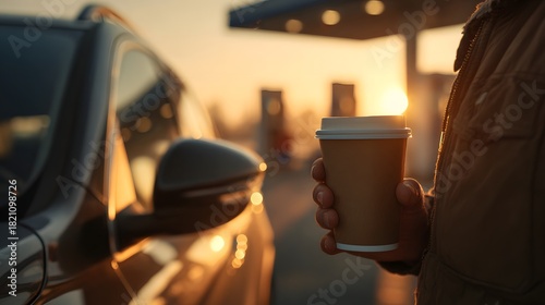 Man holding a coffee cup in front of a car. The car is parked at a gas station