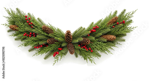 Christmas garland made of pine branches with pinecones and red berries creates a festive seasonal decor isolated on transparent background.