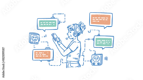 Futuristic young woman immersed in a vibrant abstract cyberspace with glowing digital elements