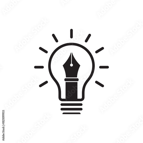 Black ink pen nib inside a light bulb with radiating lines on white background idea