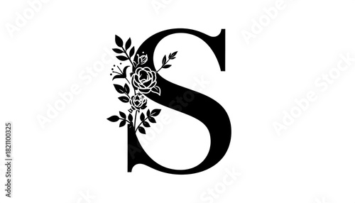 A stylized black letter "S" adorned with delicate floral elements on a clean, white background