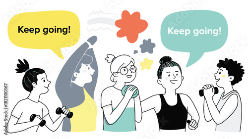 Cartoon illustration of diverse friends exercising together outdoors in a park with trees and sunshine