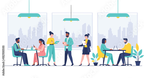 Diverse Professionals Collaborating in Modern Office Space with City View, Fostering Teamwork, Innovation, and Productivity in a Stylish and Comfortable Environment.