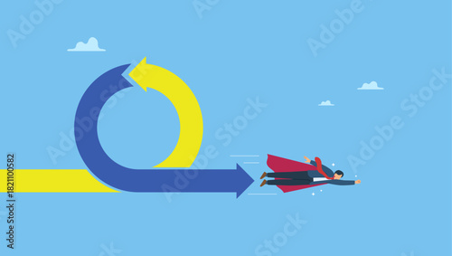 Businessman flying with agile cycle. Agile methodology in project management or software development, sprint or dev cycle to release and improve product, scrum process or workflow.