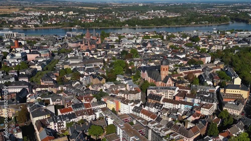 Aerial panoramic view around the old town of the city Mainz in Germany on a sunny spring noon