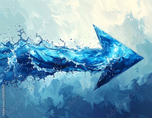 A stylized, bright blue arrow appears to be made of water with splashes, heading right, against a cloudy backdrop