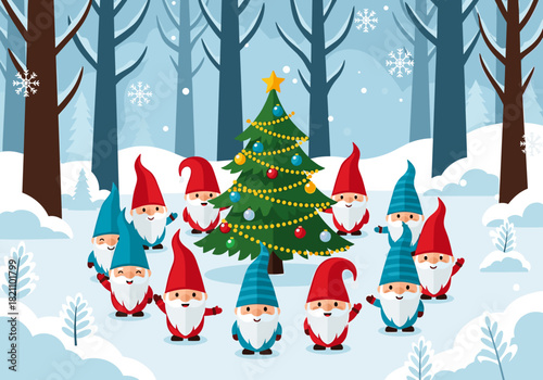 Group of cheerful gnomes celebrating around Christmas tree in snowy forest