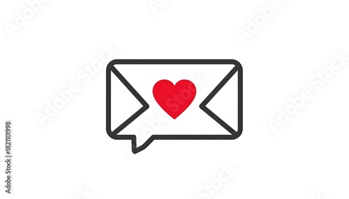 A stylized envelope outlined in black, sealed with a red heart, resembling a speech bubble