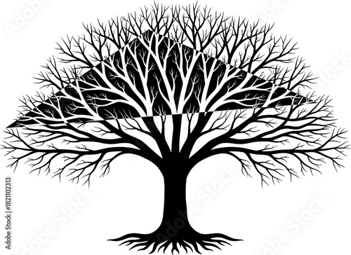 Abstract black silhouette of a leafless tree with roots and geometric triangle shape, isolated vector illustration for logo design.
