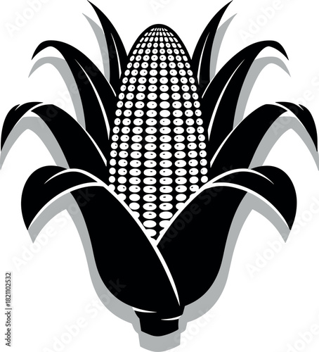 Black and white corn cob silhouette with husks, isolated vector illustration for agriculture harvest, farm food, and logo design.