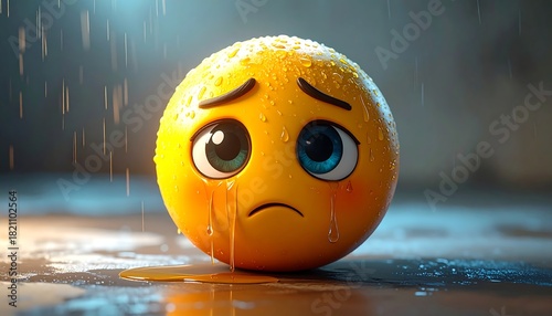 A round yellow emoji face with teardrops, large expressive eyes, and sad expression under rain, resting on a wet surface