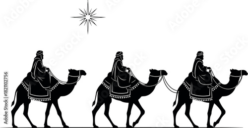 Black and white silhouette of three wise men on camels following a star, isolated vector for Christian Christmas nativity design.