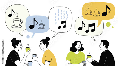 Modern digital art illustration of diverse friends enjoying a vibrant cafe scene