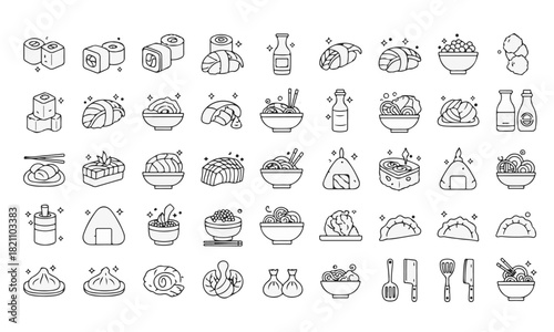 Japanese Food and Kitchen Line Art Icon Set. Vector Illustration of Sushi, Ramen, Dumplings, Onigiri, and Utensils in Cute Hand Drawn Outline Style Isolated on White Background