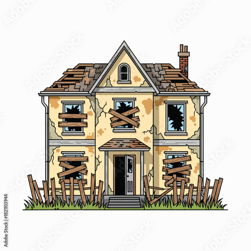 An Old Dilapidated House with Boarded Up Windows and a Broken Fence Under a Cloudy Sky