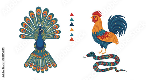 Colorful Artistic Rendition of a Peacock, Rooster and Snake: Whimsical Illustration of Animals with Unique Folkloric Designs on a White Background