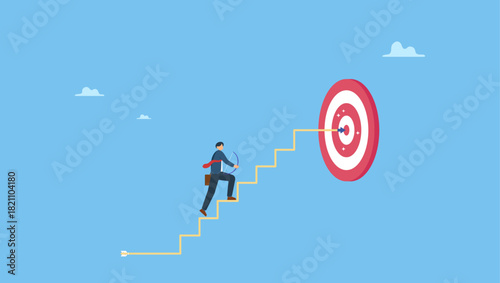 Businessman archery run on stair case arrow to reach goal. Step to reach goal, success or achieve business target, strategy plan to improve and overcome challenge, progress or aiming to win.