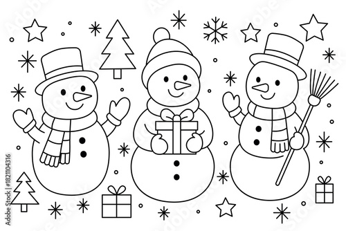 Hand-drawn Christmas coloring page with three cheerful snowmen, gifts, trees, stars snowflakes. Cute winter holiday vector flat illustration isolated on white background. Black and white