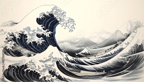 Fototapeta Naklejka Na Ścianę i Meble -  A stylized, monochromatic seascape featuring a colossal wave looming over small boats with distant mountains