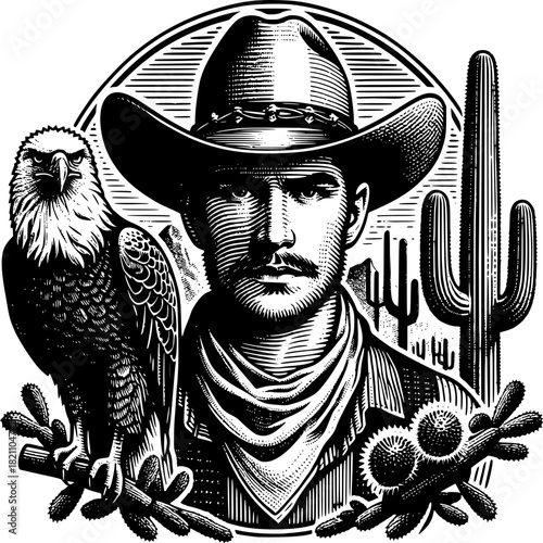 Frontier Pioneer Portrait: A detailed illustration of a rugged cowboy and an majestic eagle, symbols of freedom and strength in a vast landscape.