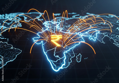 A glowing digital map of India outlined in neon blue, with a large golden ₹ (Indian Rupee) symbol at its center. Bright orange light trails radiate outward from India, connecting to various points.