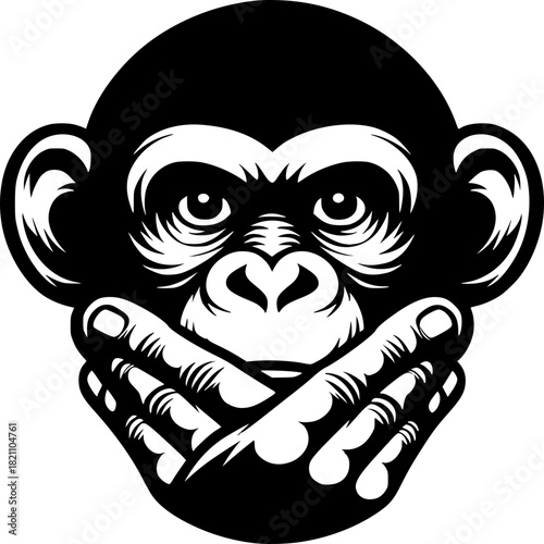 Speak No Evil Monkey Icon: A monochrome illustration of the classic speak no evil monkey, with hands covering the mouth in a symbolic gesture of silence and restraint.