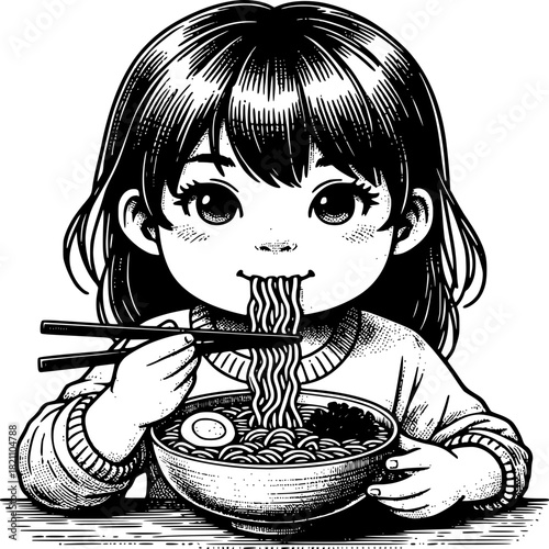 Noodle Delight: A young girl enjoys a bowl of ramen, capturing the joy of a comforting meal with chopsticks.