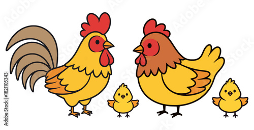 Charming illustrated poultry family with a proud rooster, nurturing hen, and two adorable chicks